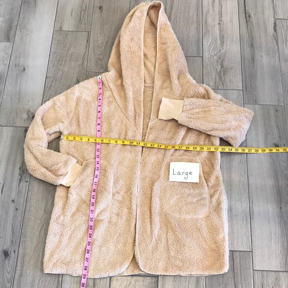 SMALL Plush Cozy Tan Open Front Hooded Cardi - Picture 3 of 8